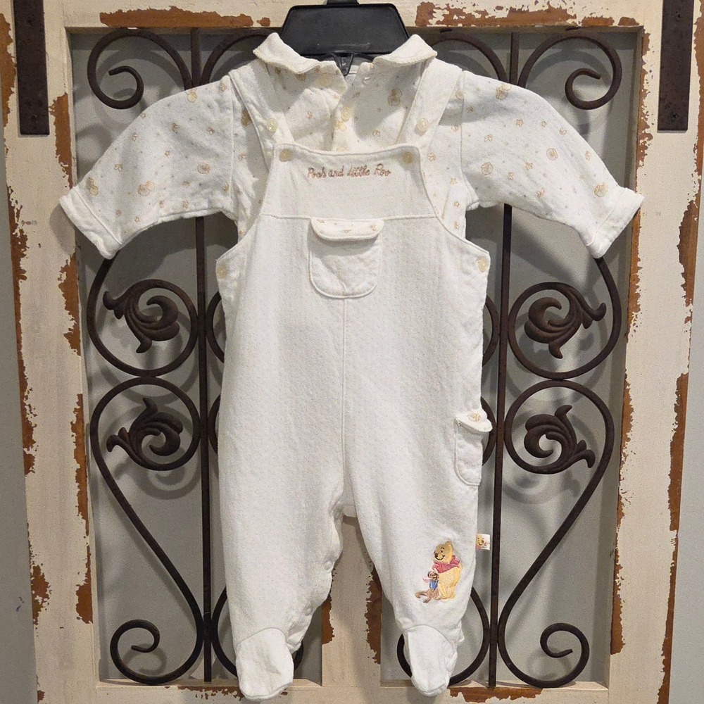 Vintage Disney Classic Winnie the Pooh and Roo Baby 3M Overalls Set Cream